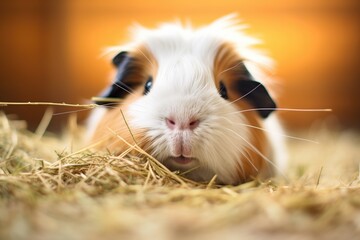guinea pig with moist nose surrounded by dry hay - obrazy, fototapety, plakaty