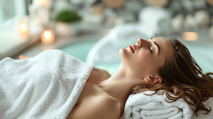 Obraz na płótnie Canvas smiling woman lying on her back on white towel, relaxing and resting in a spa, her eyes closed