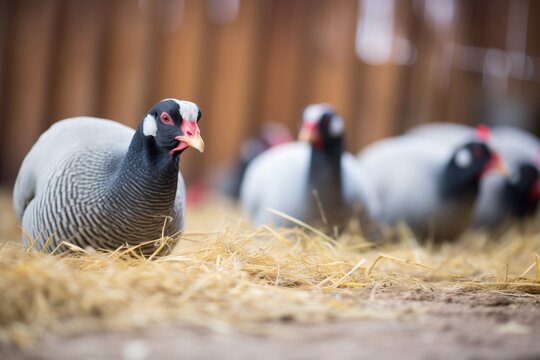 several guinea fowls on a farm with hay
