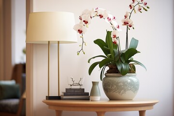 handover of an elegant orchid arrangement indoors - obrazy, fototapety, plakaty