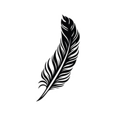 Obraz premium Black fluffy feather. Hand drawing vintage art realistic quill feathers for pen detailed isolated vector elegant silhouette sketch bird plume set