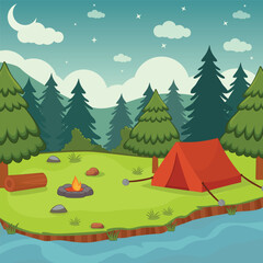 Camping in the forest concept bonfire and red tent