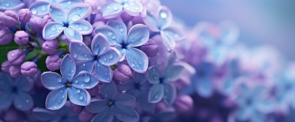 Blue lilac flowers closeup with water drops