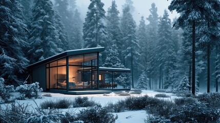A modern cabin in a wintery forest - obrazy, fototapety, plakaty