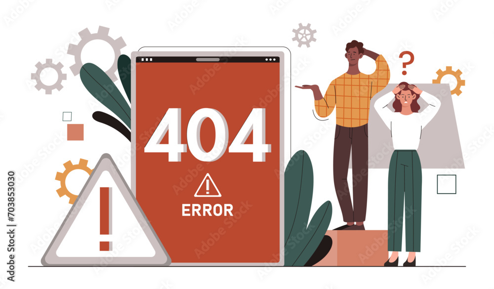 Poster error alert internet concept. man and woman with error 404 at mobile phone. webpage not found. wrong