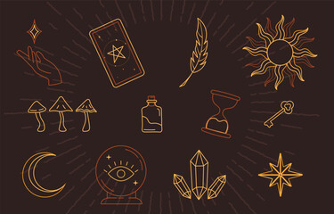 Esoteric elements set. Minimalistic creativity and art in boho style. Tarot card, sun and magic crystals. Mysticism and magic, sorcery. Linear flat vector collection isolated on brown background