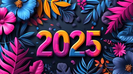 colorfull abstract floral with the text "2025" happy new year, copyspace, banner, illustration, generative ai