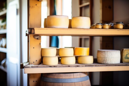 cheese wheels aging on wooden shelves