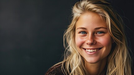 Banner with smiling young blond woman on black background