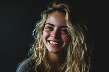 Banner with smiling young blond woman on black background
