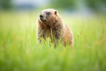 lone marmot standing alert in grass
