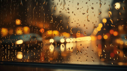 Raindrops on window during twilight.