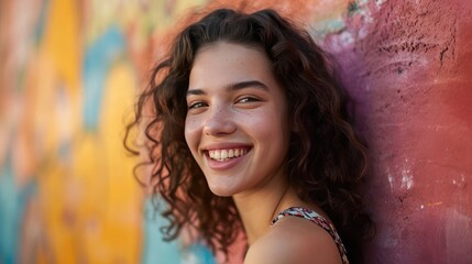 Banner with smiling young brunette woman on colorful background