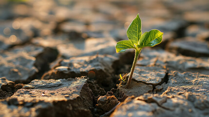 Seedling in cracked dry earth.