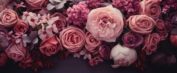 Bunch of flowers. Bouquet closeup. Decoration made of roses, peonies and decorative plants