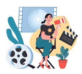 Female film director concept. Woman sitting with loudspeaker. Film industry, cinema production. Movies and series recording. Cartoon flat vector illustration isolated on white background