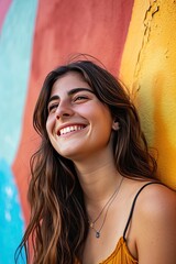 Fototapeta premium Banner with smiling young brunette woman on colorful background
