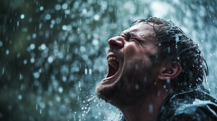 Fototapeta na wymiar Man shouting in pouring rain.