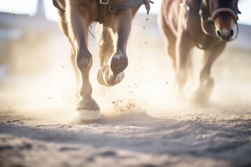 mules trotting action close-up, dust particles frozen in motion