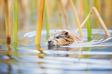 muskrat swimming with reeds in background - obrazy, fototapety, plakaty