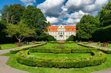 Lawns and architecture in Oliwa Park in Gdansk	
