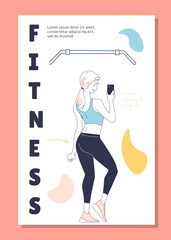 Fitness doodle banner concept. Woman in sportive clothes take selfie. Active lifestyle and sport. Scene from gym. Training and workout. Linear flat vector illustration isolated on beige background