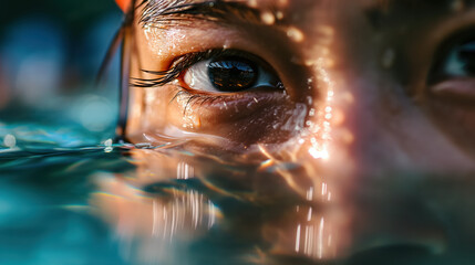Close-up of a human eye peering through water.