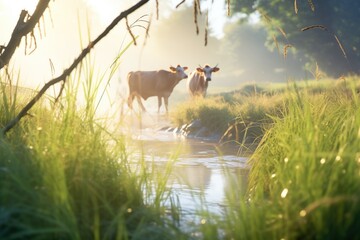 early morning dew on grass with oxen entering a stream behind - obrazy, fototapety, plakaty