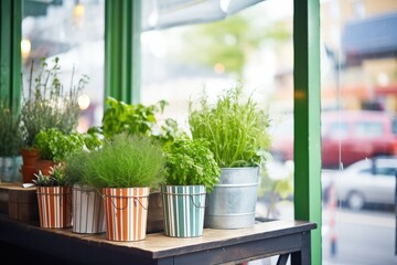 fresh herbs in pots near sunny store window - obrazy, fototapety, plakaty