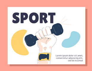 Fitness doodle banner concept. Hand with dumbbell. Active lifestyle and sport. Graphic element for website. Training and workout. Linear flat vector illustration isolated on beige background