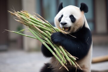 zoo panda with pile of bamboo shoots
