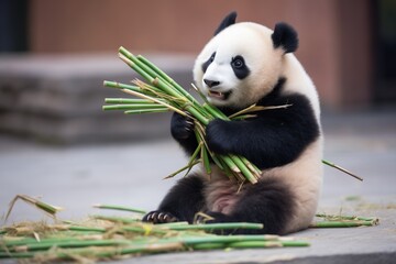 zoo panda with pile of bamboo shoots