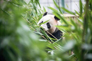 Obraz premium high angle of panda in bamboo habitat