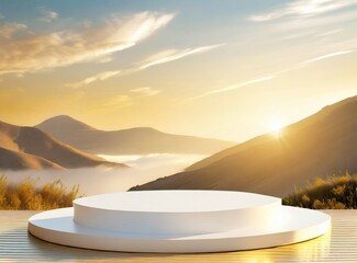 White podium with beautiful landscape on the background