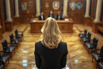 The concept of judges and lawyers working in the courtroom, symbolizing the pursuit of justice in business and law.