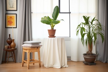 studio corner with plant, stool, and draped muslin fabric