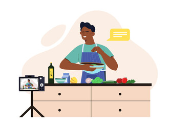 Food blogger at kitchen. Man in apron with vegetables. Recipe and master class, oline vlog. Vlogger create useful and interesting content for social networks. Cartoon flat vector illustration