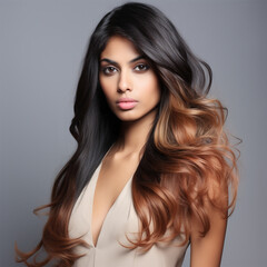 Fototapeta premium Portrait of a beautiful young woman, model with long wavy hair demonstrating coloring. Grey background. 