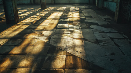 Sunlight casting patterns in an abandoned room.