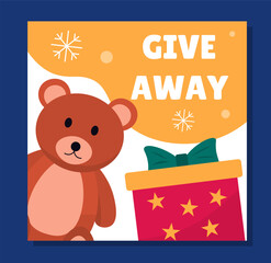 Giveaway Christmas poster. Teddy bear near gift box. New Year and Noel Eve, winter holidays and festivals. Graphic element for website. Cartoon flat vector illustration isolated on blue background