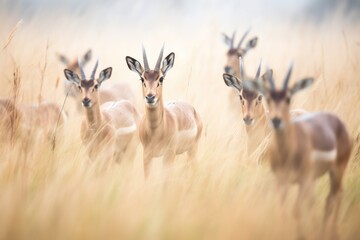 roan antelope herd moving through misty grassland - obrazy, fototapety, plakaty