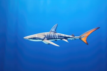 blue shark gliding through deep blue sea