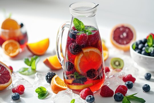 A refreshing image of sangria with mixed berries, sliced citrus fruits, and sparkling water in a carafe, presented on a clean white background, a vibrant summer cocktail