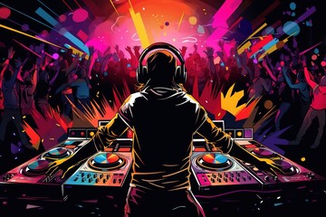 DJ console at a party with dancing people in the background,dynamic scene with people, image made with generative ai technology.