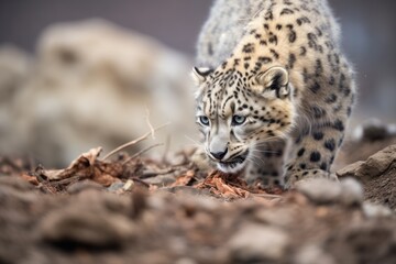 snow leopard stalking prey in rocky terrain
