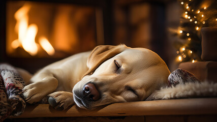 
"Labrador Retriever: Kuschelzeit am Kamin – Gemütliche Ruhe, wenn dein treuer Freund friedlich und müde an am wärmenden Kamin entspannt liegt.