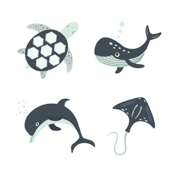 A set of cute sea animals of whale, dolphin and stingray and turtle. Vector illustration.