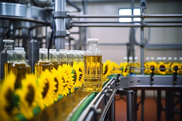 Automatic conveyor line for bottling sunflower oil at a plant or factory for the production of drinks, modern computerized industrial equipment. Plant for the production of vegetable oil. - obrazy, fototapety, plakaty