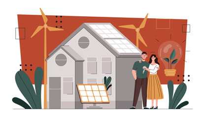 Family with green energy. Sustainable lifestyle and alternative enrgy sources. Man and woman near home with solar panel and wind mills. Cartoon flat vector illustration isolated on white background