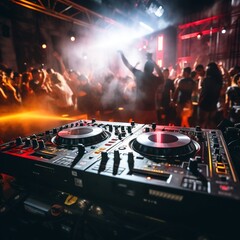 DJ console at a party with dancing people in the background,dynamic scene with people, image made with generative ai technology.